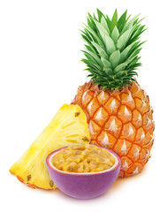 Composite image with exotic fruits - pineapple and passion fruit isolated on white background. As design element.