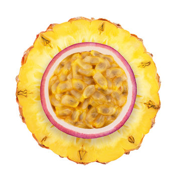 Top view of exotic fruit slices - passion fruit on pineapple isolated on a white background with clipping path.