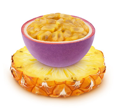 Creative composition with cutted tropical fruits - passion fruit and pineapple isolated on a white background with clipping path.