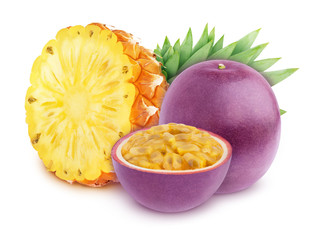Composite image with exotic fruits - pineapple and passion fruit isolated on white background. As design element.