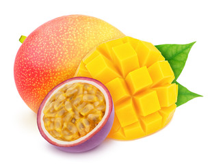 Multi-colored exotic composition with fruit mix of passion fruit and mango, isolated on a white background with clipping path.