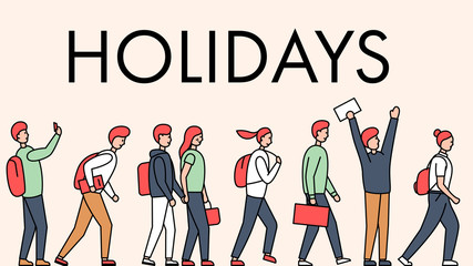 Vector illustration of a group of people joyfully going on vacation. With a text placeholder