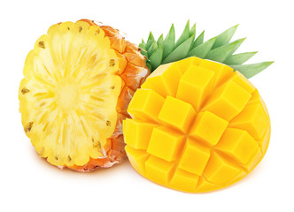 Bright yellow composition with cutted tropical fruits - mango and pineapple isolated on a white background with clipping path.