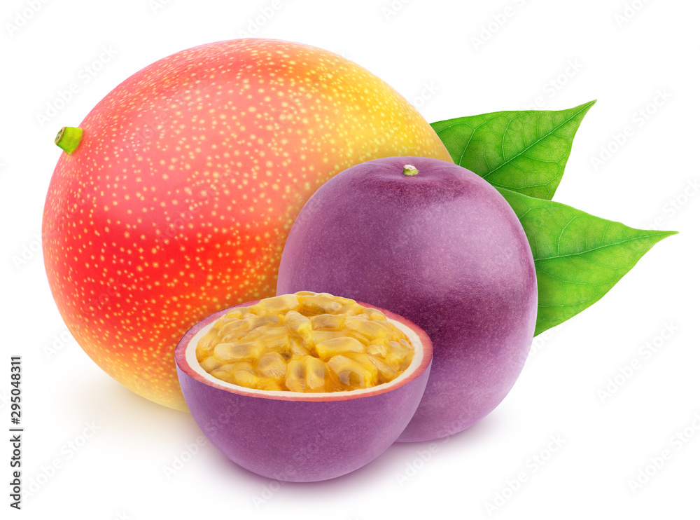 Wall mural composite image with with whole and halved exotic fruits - passionfruit and mango isolated on white 