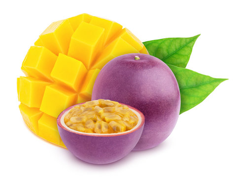 Multi-colored exotic composition with fruit mix of passion fruit and mango, isolated on a white background with clipping path.