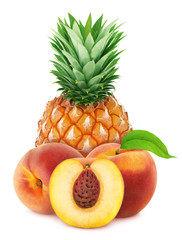 Colourful composition with sweet fruit mix - pineapple and peach isolated on a white background with clipping path.