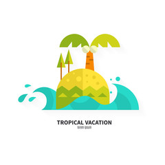 Tropical holiday vacation flat vector logo template. Cartoon island icon isolated on white background. Luxury resort announcing banner, poster design element. Summertime leisure concept