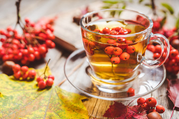 Hot tea in glass cup with rowan and atmospheric autumn decorations. Selective focus. Shallow depth of field.
