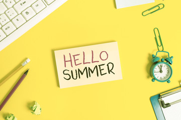 Handwriting text Hello Summer. Conceptual photo season after spring and before autumn where the weather is hot Flat lay above copy space on the white crumpled paper