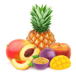 Multi-colored exotic composition with fruit mix of pineapple, passion fruit, peach and mango, isolated on a white background with clipping path.