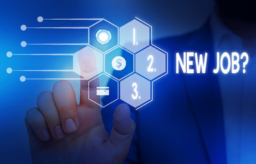 Fototapeta premium Writing note showing New Job Question. Business concept for asking if a demonstrating got regular work to earn money Male wear formal suit presenting presentation smart device