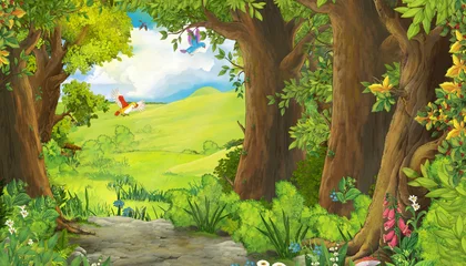  cartoon summer scene with meadow in the forest with birds flying illustration for children © honeyflavour