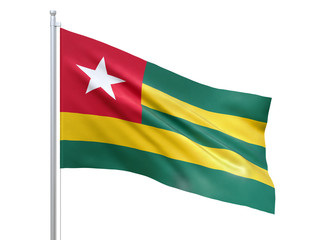 Togo flag waving on white background, close up, isolated. 3D render