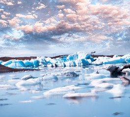 Blurred long exposure view of Icebergs moving in Jokulsarlon Lagoon, Iceland