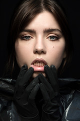 Fashion portrait of young beautiful teen girl posing outdoor. No Plastic concept
