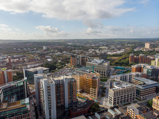 Aerial photo taken on the centre of Leeds in the UK, showing the typical British town centre along...