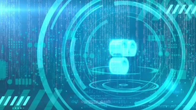 Omisego symbol rotating on a cyan background with animated HUD elements related to computer technology. Loopable animation.