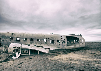 Abandoned wreck of a US military plane on Solheimasandur beach near Vik, Iceland.
