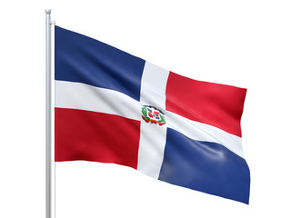 Dominican Republic flag waving on white background, close up, isolated. 3D render