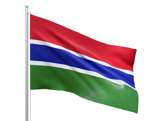 Gambia flag waving on white background, close up, isolated. 3D render