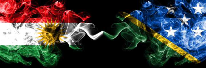 Kurdistan vs Solomon Islands smoke flags placed side by side. Thick colored silky smoke flags of...
