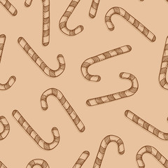 Obraz premium Vector Seamless Pattern of Sketch Candy Canes on Brown Background