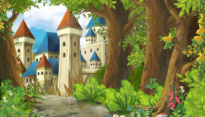 cartoon scene with mountains valley near the forest and castle illustration for children