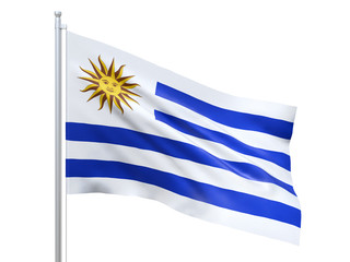 Fototapeta premium Uruguay flag waving on white background, close up, isolated. 3D render