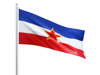 Yugoslavia (1946-1992) flag waving on white background, close up, isolated. 3D render