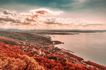 Aerial view of the beautiful city of Trieste in Italy, moody sunset - obrazy, fototapety, plakaty