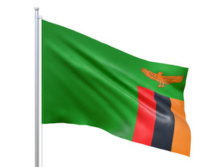 Zambia flag waving on white background, close up, isolated. 3D render