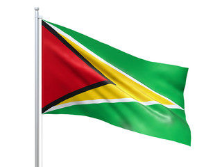 Guyana flag waving on white background, close up, isolated. 3D render