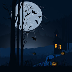 Halloween scary night background with dark house, pumpkins, flying bats and big moon. 