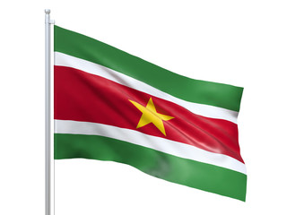 Suriname flag waving on white background, close up, isolated. 3D render