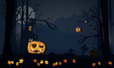 Fototapeta premium Halloween scary night background with dark house, pumpkins, flying bats and big moon. 