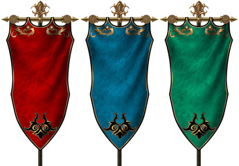 Set of three ancient medieval banners isolated on white background