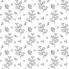 Vector Christmas minimalist monoline scandinavian seamless pattern new year fir tree and leaves. Winter doodle xmas background for children holiday textile, wallpaper
