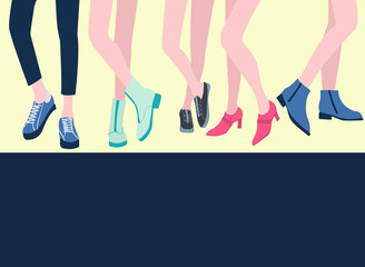 Vector set of five pairs of female legs in the shoes stylish footwear Flat design.