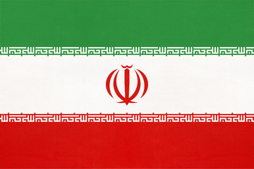 Iran national fabric flag, textile background. Symbol of world asian country.