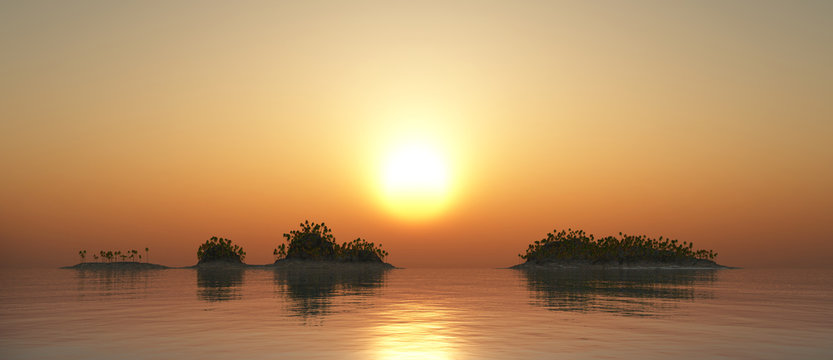 Tropische Inseln im Meer bei Sonnenuntergang
