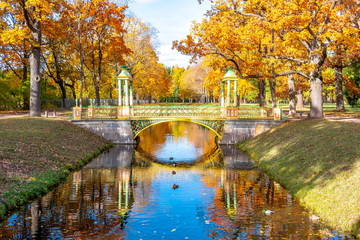 Chinese bridge and autumn foliage in Alexander park, Pushkin (Tsarskoe Selo), St. Petersburg, Russia