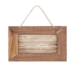 empty wooden sign with lope for hang on white background with clipping path