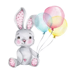 Fotobehang Schattige konijntjes Schattige cartoon konijntje met roze, blauwe en gele ballonnen  aquarel hand tekenen illustratie  met witte geïsoleerde achtergrond