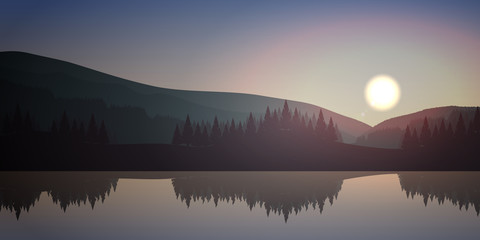 las przy jeziorze o wschodzie słońca