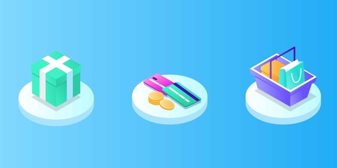 Online Mobile shopping elements isometric isolated icon set. Can use for web banner, infographics, hero images. Phone, cart, money, box, bag, clothes, credit card, sale, fast delivery, coupon discount