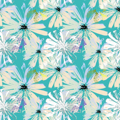 White and beige flowers seamless pattern with black centers on turquoise background.