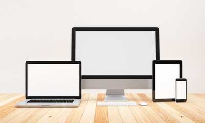 Blank Computer, laptop, smartphone, tablet,on wood table background, workspace, mock up, illustration 3D rendering