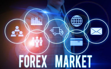 Writing note showing Forex Market. Business concept for marketplace that defines the exchange rate...