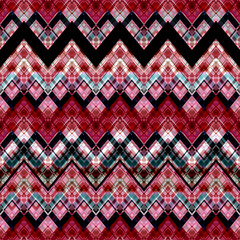 Seamless pattern red, black, pink ornament. Original fabric.