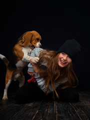 A red-haired girl of ten years old plays with a beagle puppy sitting on a dark wooden floor...